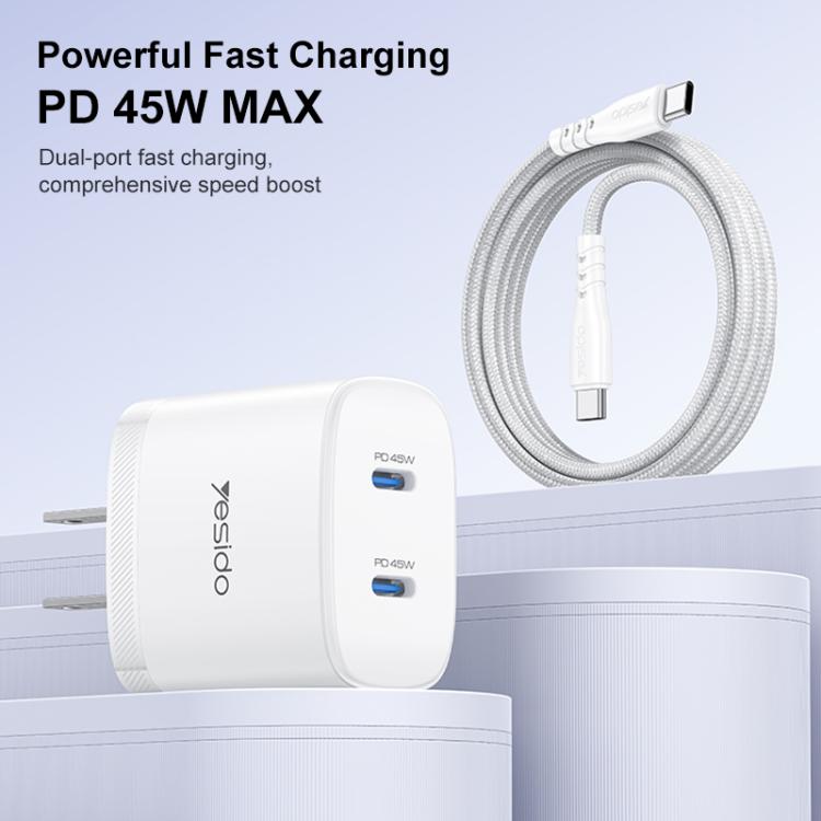 ชุดชาร์จเร็ว Yesido PD45W แบบคู่ Type-C พร้อมสาย Type-C เป็น Type-C ปลั๊ก US, ปลั๊ก EU, ปลั๊ก UK