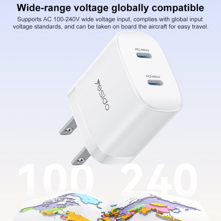 ชุดชาร์จเร็ว Yesido PD45W แบบคู่ Type-C พร้อมสาย Type-C เป็น Type-C ปลั๊ก US, ปลั๊ก EU, ปลั๊ก UK