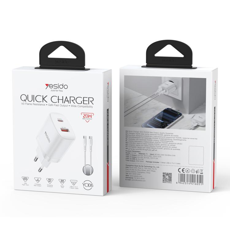ชุดชาร์จ Yesido YC106 PD20W USB-C / Type-C และ QC18W USB-A แบบพอร์ตคู่ พร้อมสาย Type-C เป็น Type-C รุ่น YC106