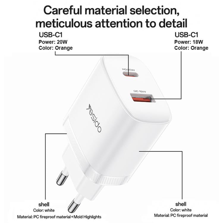 ชุดชาร์จ Yesido YC106 PD20W USB-C / Type-C และ QC18W USB-A แบบพอร์ตคู่ พร้อมสาย Type-C เป็น Type-C รุ่น YC106