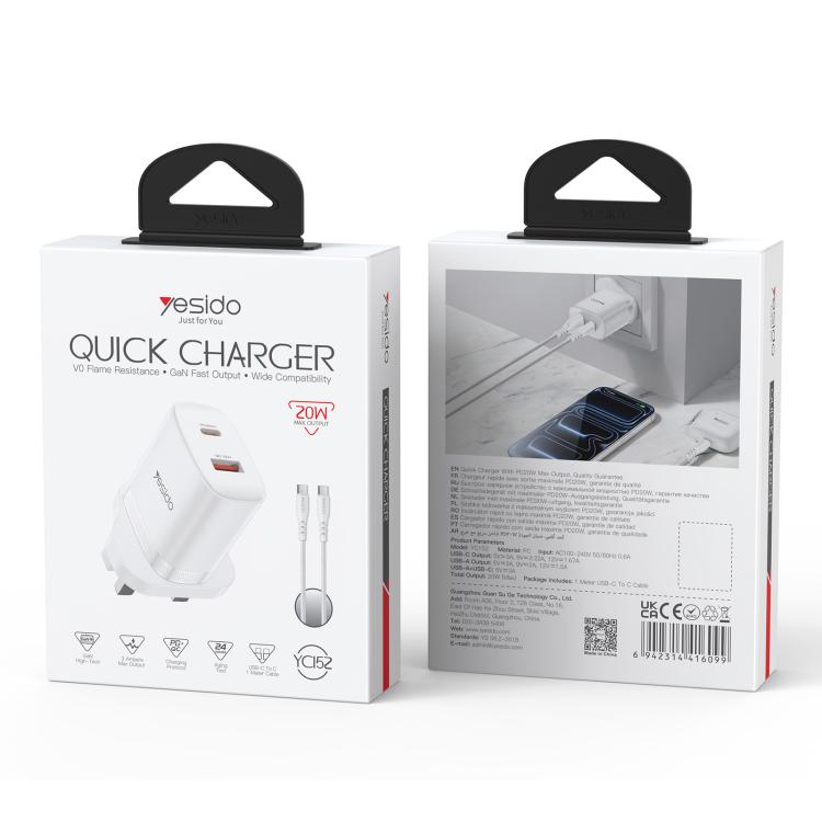 ชุดชาร์จ Yesido YC152 PD20W USB-C / Type-C และ QC18W USB-A แบบพอร์ตคู่ พร้อมสาย Type-C เป็น Type-C รุ่น YC152