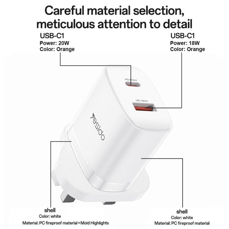 ชุดชาร์จ Yesido YC152 PD20W USB-C / Type-C และ QC18W USB-A แบบพอร์ตคู่ พร้อมสาย Type-C เป็น Type-C รุ่น YC152