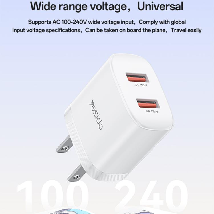 ชุดชาร์จ Yesido YC17U 12W 2.4A USB สองพอร์ต พร้อมสายข้อมูล USB 1 เมตรเป็น Type-C, YC17U