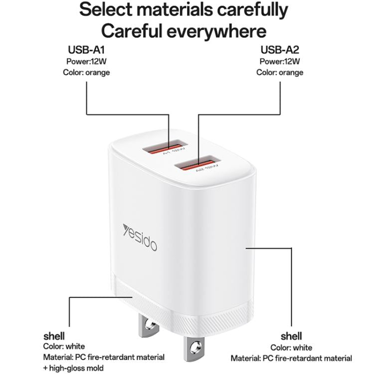ชุดชาร์จ Yesido YC17U 12W 2.4A USB สองพอร์ต พร้อมสายข้อมูล USB 1 เมตรเป็น Type-C, YC17U
