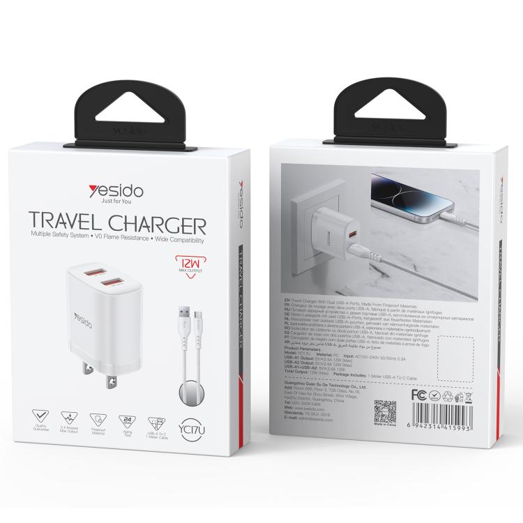 ชุดชาร์จ Yesido YC17U 12W 2.4A USB สองพอร์ต พร้อมสายข้อมูล USB 1 เมตรเป็น Type-C, YC17U