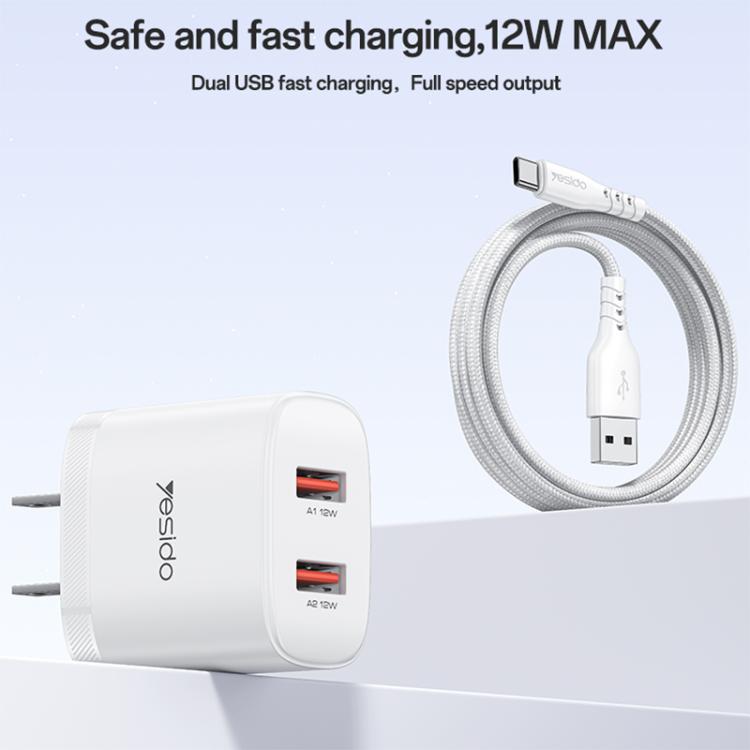 ชุดชาร์จ Yesido YC17U 12W 2.4A USB สองพอร์ต พร้อมสายข้อมูล USB 1 เมตรเป็น Type-C, YC17U