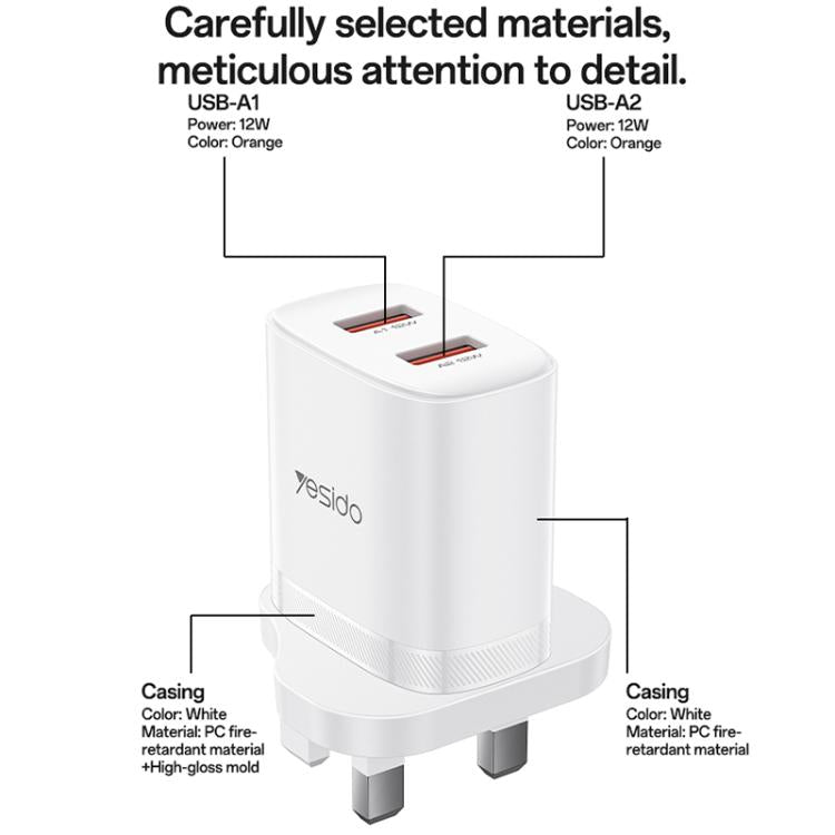 ชุดชาร์จ Yesido YC150 12W 2.4A USB สองพอร์ต พร้อมสายข้อมูล USB 1 เมตรเป็น Type-C, YC150