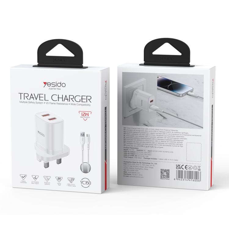 ชุดชาร์จ Yesido YC150 12W 2.4A USB สองพอร์ต พร้อมสายข้อมูล USB 1 เมตรเป็น Type-C, YC150