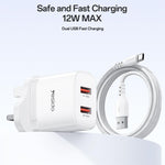 ชุดชาร์จ Yesido YC150 12W 2.4A USB สองพอร์ต พร้อมสายข้อมูล USB 1 เมตรเป็น Type-C, YC150