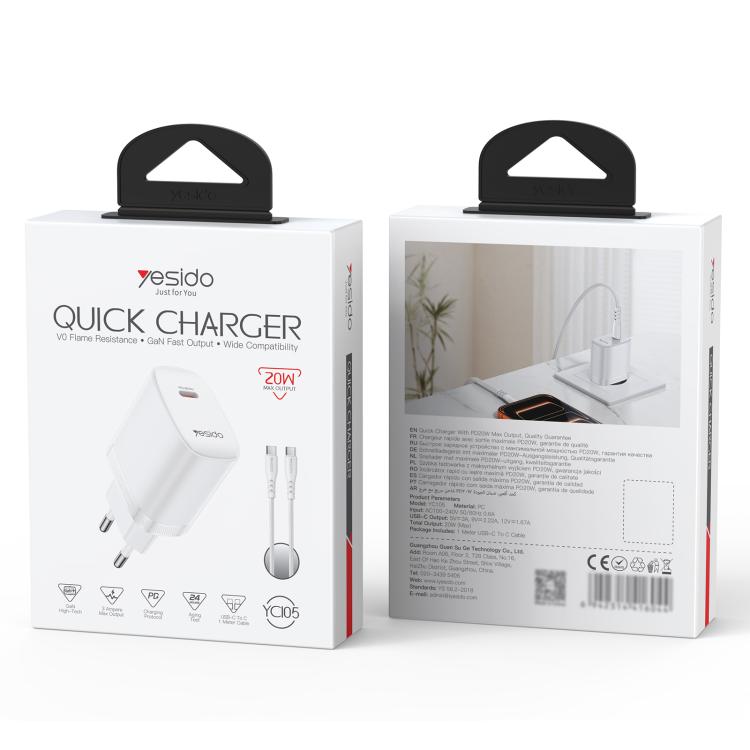 ชุดชาร์จ Yesido YC105 PD20W Type-C พร้อมสายข้อมูล Type-C 1 เมตรเป็น Type-C, YC105