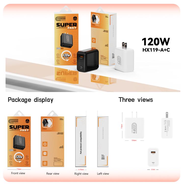 เครื่องชาร์จเร็ว 120W USB และ Type-C HX119 พร้อมปลั๊ก EU, ปลั๊ก UK, ปลั๊ก US