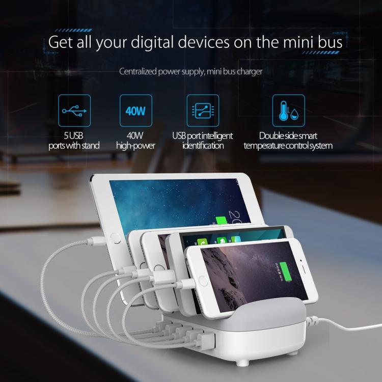 แท่นชาร์จอัจฉริยะ ORICO DUK-5P 40W 5 พอร์ต USB พร้อมขาตั้ง, ปลั๊ก US, ปลั๊ก UK, ปลั๊ก AU