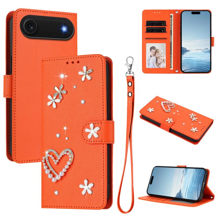 เคสโทรศัพท์หนังวีแกนสองชั้นลายหัวใจดอกไม้พร้อมสายคล้องข้อมือ ZS01, สำหรับ iPhone 17e / 16e, สำหรับ iPhone 17 Pro Max, สำหรับ iPhone 17 Pro, สำหรับ iPhone 17, สำหรับ iPhone Air, สำหรับ iPhone 16 Pro Max