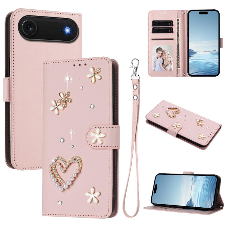 เคสโทรศัพท์หนังวีแกนสองชั้นลายหัวใจดอกไม้พร้อมสายคล้องข้อมือ ZS01, สำหรับ iPhone 17e / 16e, สำหรับ iPhone 17 Pro Max, สำหรับ iPhone 17 Pro, สำหรับ iPhone 17, สำหรับ iPhone Air, สำหรับ iPhone 16 Pro Max