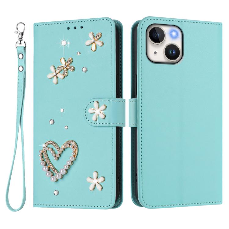 เคสโทรศัพท์หนังวีแกนสองชั้นลายหัวใจดอกไม้พร้อมสายคล้องข้อมือ ZS01, สำหรับ iPhone 15, สำหรับ iPhone 14 Plus, สำหรับ iPhone 14 / 13, สำหรับ iPhone 14 Pro, สำหรับ iPhone 14 Pro Max, สำหรับ iPhone 13 Pro Max