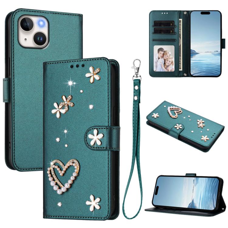 เคสโทรศัพท์หนังวีแกนสองชั้นลายหัวใจดอกไม้พร้อมสายคล้องข้อมือ ZS01, สำหรับ iPhone 15, สำหรับ iPhone 14 Plus, สำหรับ iPhone 14 / 13, สำหรับ iPhone 14 Pro, สำหรับ iPhone 14 Pro Max, สำหรับ iPhone 13 Pro Max