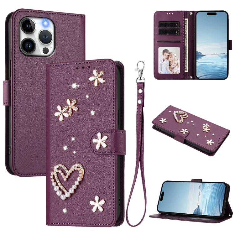 เคสโทรศัพท์หนังวีแกนสองชั้นลายหัวใจดอกไม้พร้อมสายคล้องข้อมือ ZS01, สำหรับ iPhone 15, สำหรับ iPhone 14 Plus, สำหรับ iPhone 14 / 13, สำหรับ iPhone 14 Pro, สำหรับ iPhone 14 Pro Max, สำหรับ iPhone 13 Pro Max