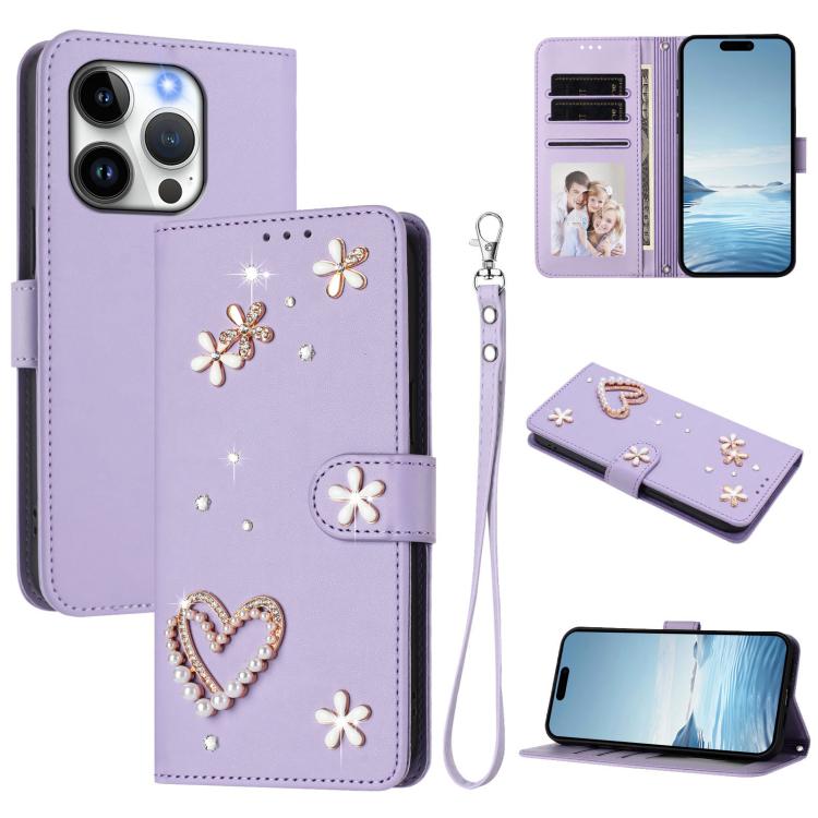เคสโทรศัพท์หนังวีแกนสองชั้นลายหัวใจดอกไม้พร้อมสายคล้องข้อมือ ZS01, สำหรับ iPhone 15, สำหรับ iPhone 14 Plus, สำหรับ iPhone 14 / 13, สำหรับ iPhone 14 Pro, สำหรับ iPhone 14 Pro Max, สำหรับ iPhone 13 Pro Max
