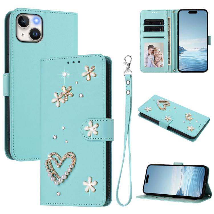 เคสโทรศัพท์หนังวีแกนสองชั้นลายหัวใจดอกไม้พร้อมสายคล้องข้อมือ ZS01, สำหรับ iPhone 15, สำหรับ iPhone 14 Plus, สำหรับ iPhone 14 / 13, สำหรับ iPhone 14 Pro, สำหรับ iPhone 14 Pro Max, สำหรับ iPhone 13 Pro Max
