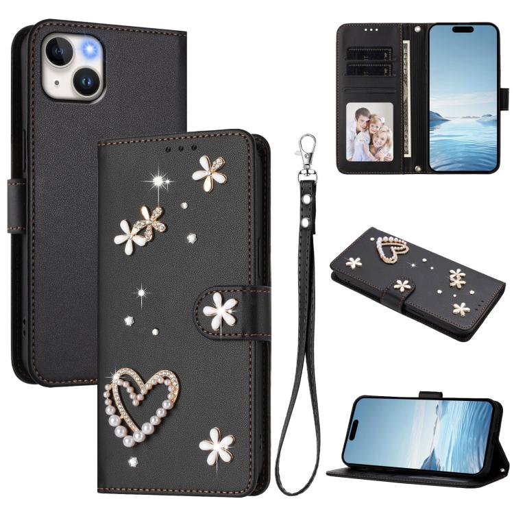 เคสโทรศัพท์หนังวีแกนสองชั้นลายหัวใจดอกไม้พร้อมสายคล้องข้อมือ ZS01, สำหรับ iPhone 15, สำหรับ iPhone 14 Plus, สำหรับ iPhone 14 / 13, สำหรับ iPhone 14 Pro, สำหรับ iPhone 14 Pro Max, สำหรับ iPhone 13 Pro Max