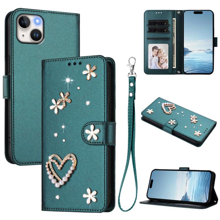 เคสโทรศัพท์หนังวีแกนสองชั้นลายหัวใจดอกไม้พร้อมสายคล้องข้อมือ ZS01, สำหรับ iPhone 15, สำหรับ iPhone 14 Plus, สำหรับ iPhone 14 / 13, สำหรับ iPhone 14 Pro, สำหรับ iPhone 14 Pro Max, สำหรับ iPhone 13 Pro Max
