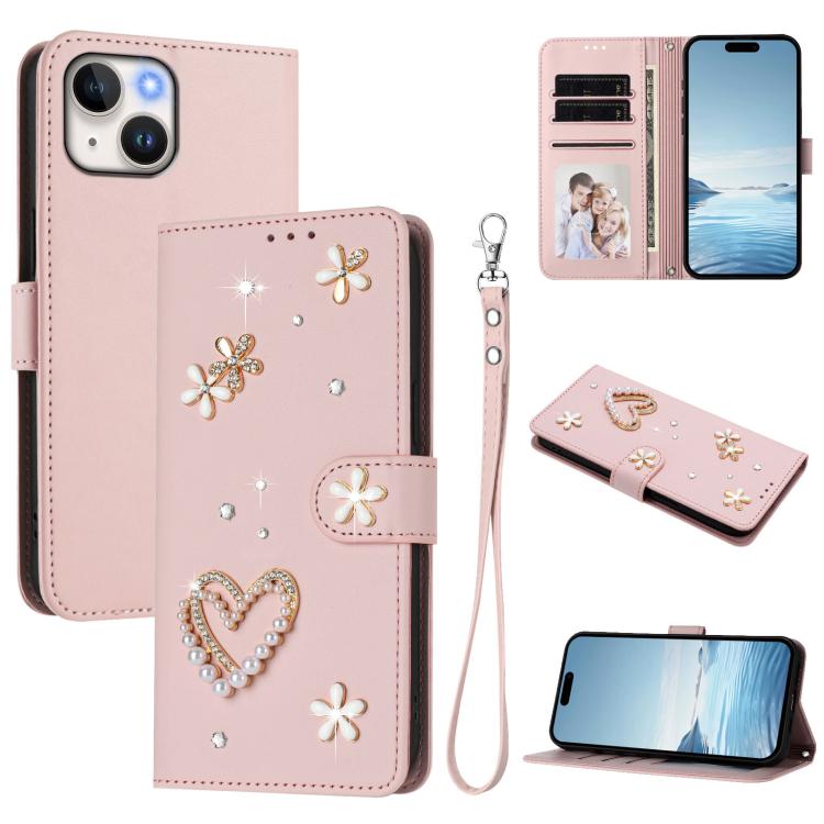 เคสโทรศัพท์หนังวีแกนสองชั้นลายหัวใจดอกไม้พร้อมสายคล้องข้อมือ ZS01, สำหรับ iPhone 15, สำหรับ iPhone 14 Plus, สำหรับ iPhone 14 / 13, สำหรับ iPhone 14 Pro, สำหรับ iPhone 14 Pro Max, สำหรับ iPhone 13 Pro Max