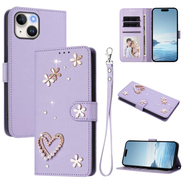เคสโทรศัพท์หนังวีแกนสองชั้นลายหัวใจดอกไม้พร้อมสายคล้องข้อมือ ZS01, สำหรับ iPhone 15, สำหรับ iPhone 14 Plus, สำหรับ iPhone 14 / 13, สำหรับ iPhone 14 Pro, สำหรับ iPhone 14 Pro Max, สำหรับ iPhone 13 Pro Max