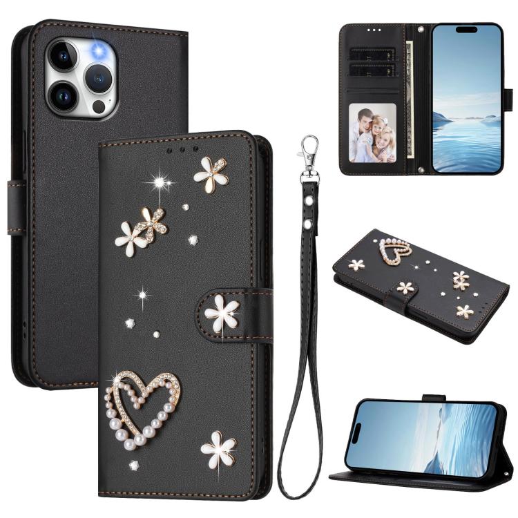 เคสโทรศัพท์หนังวีแกนสองชั้นลายหัวใจดอกไม้พร้อมสายคล้องข้อมือ ZS01, สำหรับ iPhone 15, สำหรับ iPhone 14 Plus, สำหรับ iPhone 14 / 13, สำหรับ iPhone 14 Pro, สำหรับ iPhone 14 Pro Max, สำหรับ iPhone 13 Pro Max
