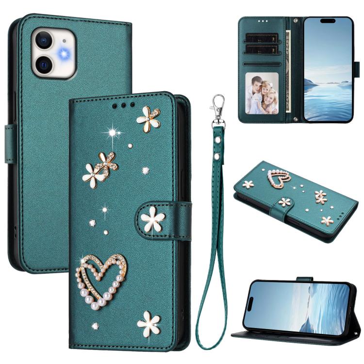 เคสโทรศัพท์หนังวีแกนสองชั้นลายหัวใจดอกไม้พร้อมสายคล้องข้อมือ ZS01, สำหรับ iPhone 13 Pro, สำหรับ iPhone 12 / 12 Pro, สำหรับ iPhone 12 Pro Max, สำหรับ iPhone 11 Pro Max, สำหรับ iPhone 11, สำหรับ iPhone 11 Pro