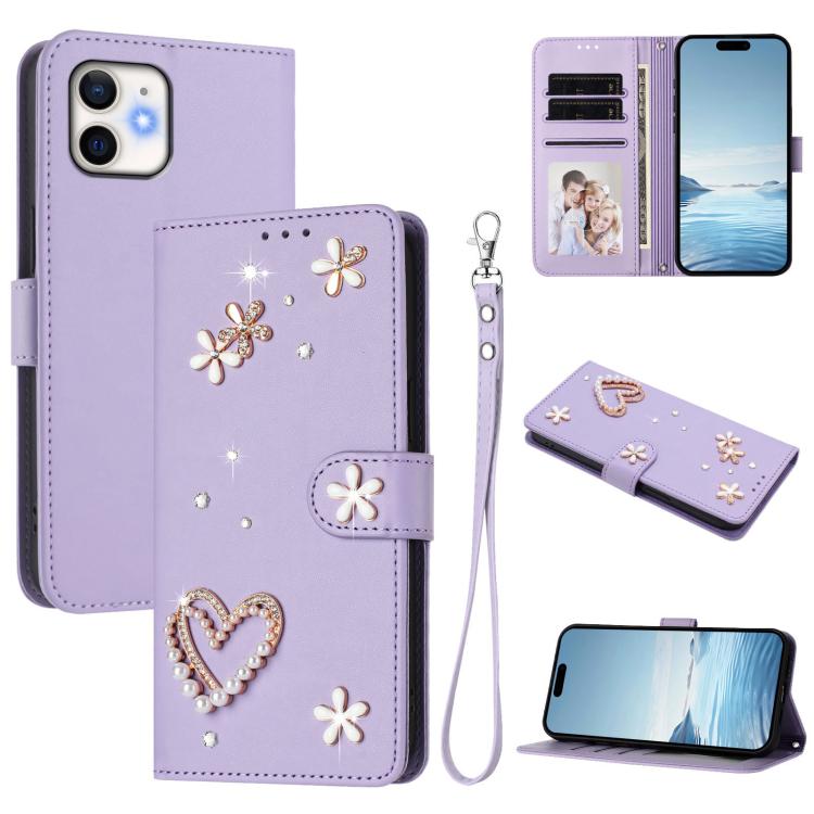 เคสโทรศัพท์หนังวีแกนสองชั้นลายหัวใจดอกไม้พร้อมสายคล้องข้อมือ ZS01, สำหรับ iPhone 13 Pro, สำหรับ iPhone 12 / 12 Pro, สำหรับ iPhone 12 Pro Max, สำหรับ iPhone 11 Pro Max, สำหรับ iPhone 11, สำหรับ iPhone 11 Pro
