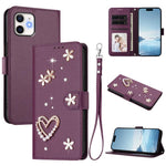 เคสโทรศัพท์หนังวีแกนสองชั้นลายหัวใจดอกไม้พร้อมสายคล้องข้อมือ ZS01, สำหรับ iPhone 13 Pro, สำหรับ iPhone 12 / 12 Pro, สำหรับ iPhone 12 Pro Max, สำหรับ iPhone 11 Pro Max, สำหรับ iPhone 11, สำหรับ iPhone 11 Pro