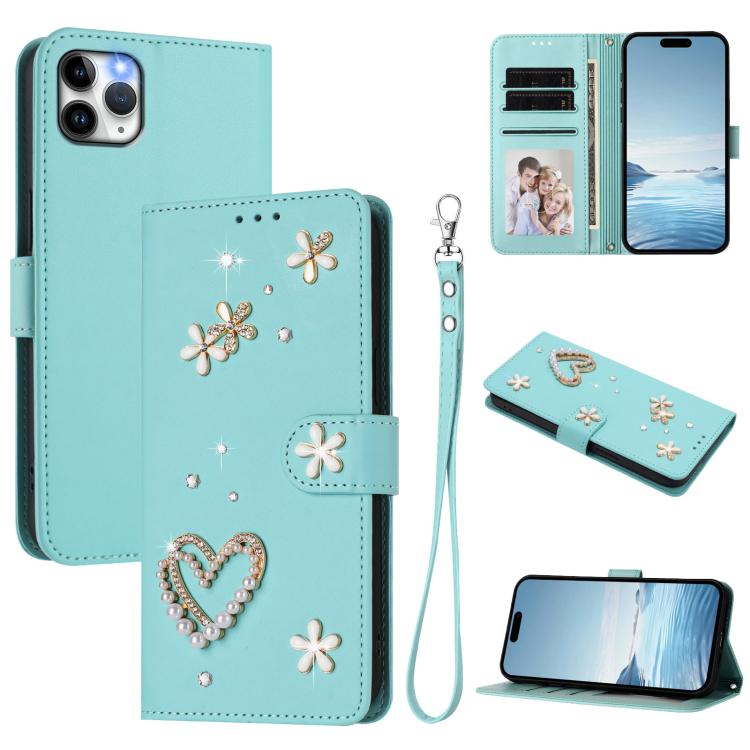 เคสโทรศัพท์หนังวีแกนสองชั้นลายหัวใจดอกไม้พร้อมสายคล้องข้อมือ ZS01, สำหรับ iPhone 13 Pro, สำหรับ iPhone 12 / 12 Pro, สำหรับ iPhone 12 Pro Max, สำหรับ iPhone 11 Pro Max, สำหรับ iPhone 11, สำหรับ iPhone 11 Pro
