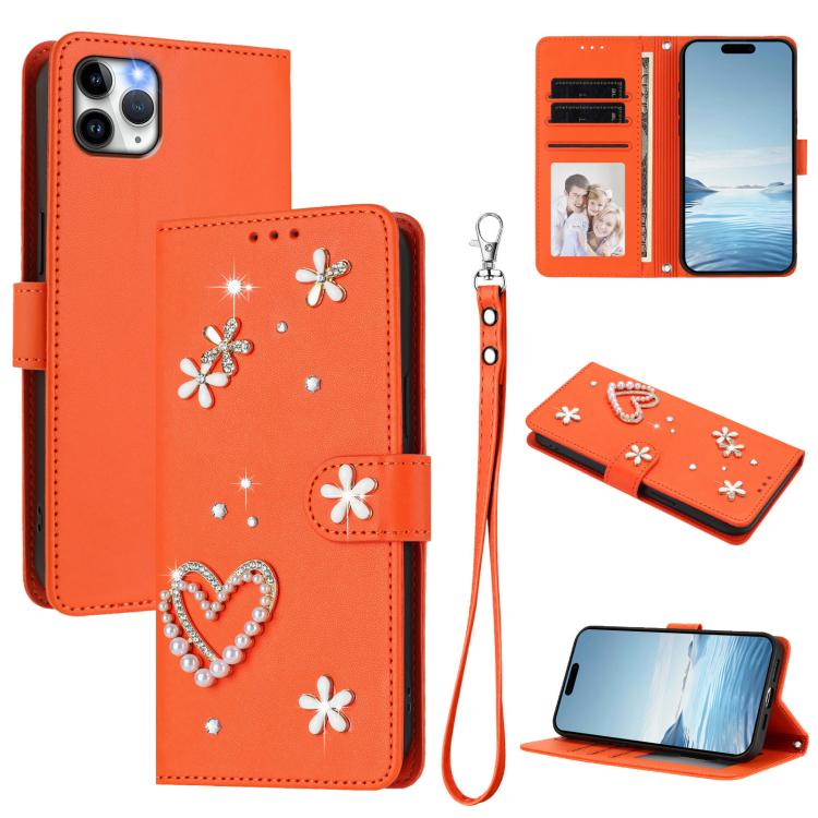 เคสโทรศัพท์หนังวีแกนสองชั้นลายหัวใจดอกไม้พร้อมสายคล้องข้อมือ ZS01, สำหรับ iPhone 13 Pro, สำหรับ iPhone 12 / 12 Pro, สำหรับ iPhone 12 Pro Max, สำหรับ iPhone 11 Pro Max, สำหรับ iPhone 11, สำหรับ iPhone 11 Pro