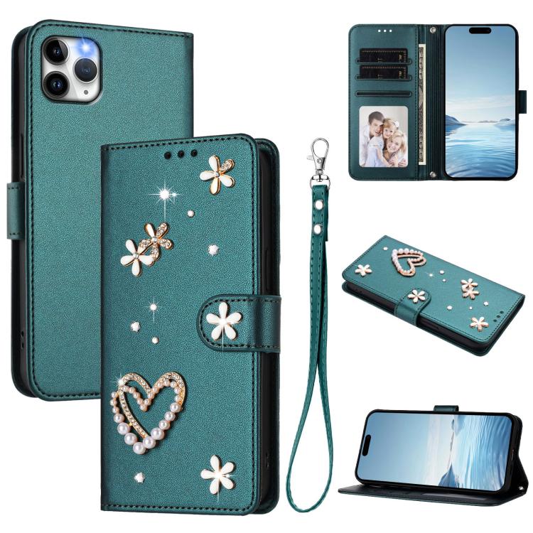 เคสโทรศัพท์หนังวีแกนสองชั้นลายหัวใจดอกไม้พร้อมสายคล้องข้อมือ ZS01, สำหรับ iPhone 13 Pro, สำหรับ iPhone 12 / 12 Pro, สำหรับ iPhone 12 Pro Max, สำหรับ iPhone 11 Pro Max, สำหรับ iPhone 11, สำหรับ iPhone 11 Pro