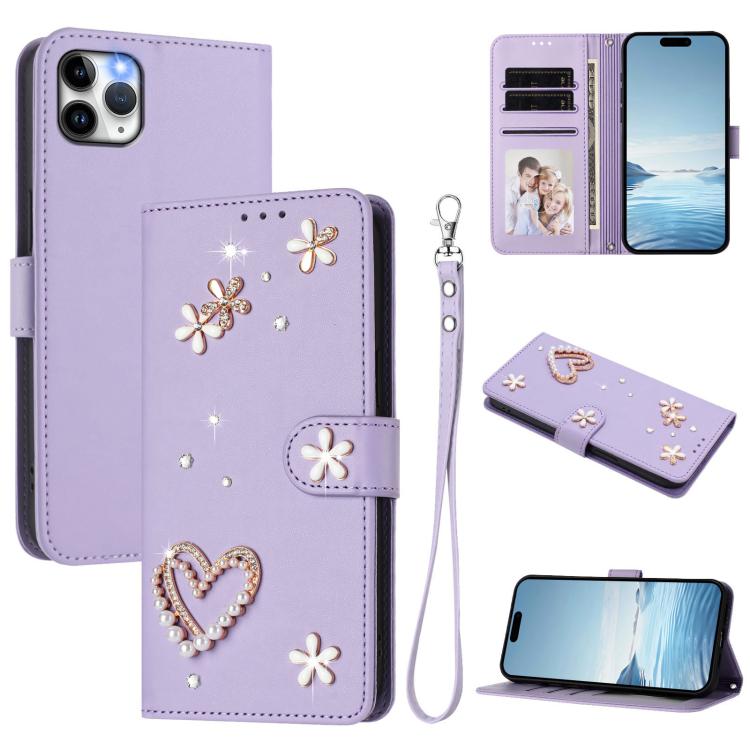 เคสโทรศัพท์หนังวีแกนสองชั้นลายหัวใจดอกไม้พร้อมสายคล้องข้อมือ ZS01, สำหรับ iPhone 13 Pro, สำหรับ iPhone 12 / 12 Pro, สำหรับ iPhone 12 Pro Max, สำหรับ iPhone 11 Pro Max, สำหรับ iPhone 11, สำหรับ iPhone 11 Pro