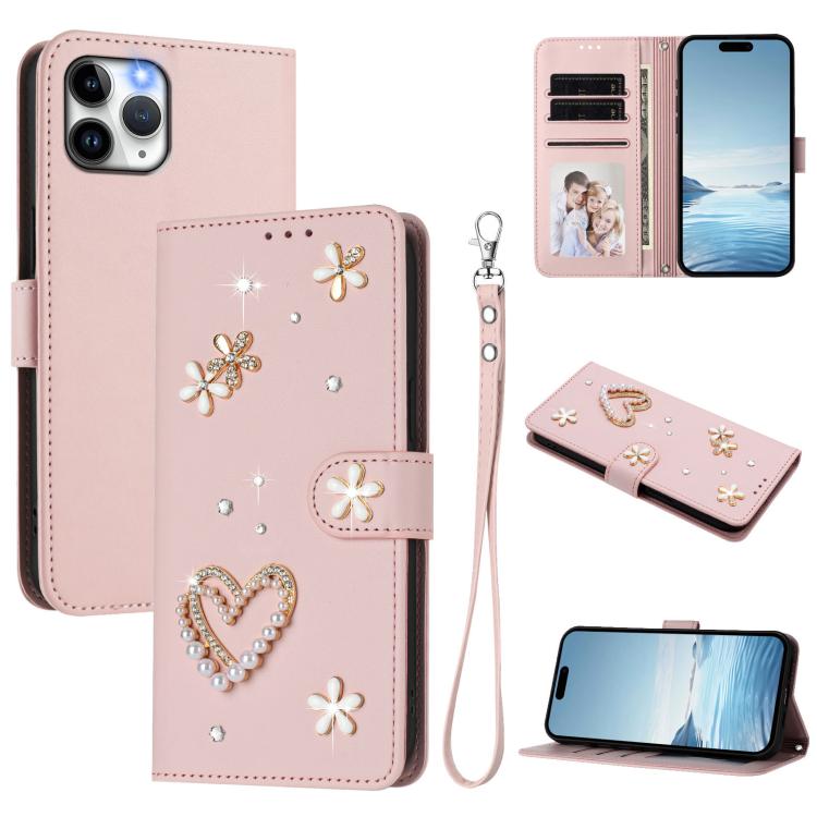 เคสโทรศัพท์หนังวีแกนสองชั้นลายหัวใจดอกไม้พร้อมสายคล้องข้อมือ ZS01, สำหรับ iPhone 13 Pro, สำหรับ iPhone 12 / 12 Pro, สำหรับ iPhone 12 Pro Max, สำหรับ iPhone 11 Pro Max, สำหรับ iPhone 11, สำหรับ iPhone 11 Pro
