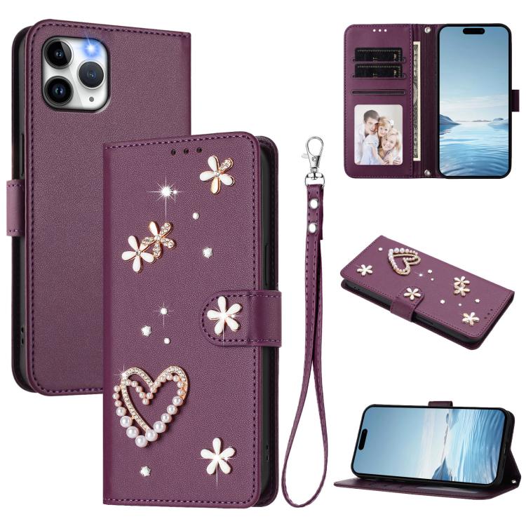 เคสโทรศัพท์หนังวีแกนสองชั้นลายหัวใจดอกไม้พร้อมสายคล้องข้อมือ ZS01, สำหรับ iPhone 13 Pro, สำหรับ iPhone 12 / 12 Pro, สำหรับ iPhone 12 Pro Max, สำหรับ iPhone 11 Pro Max, สำหรับ iPhone 11, สำหรับ iPhone 11 Pro
