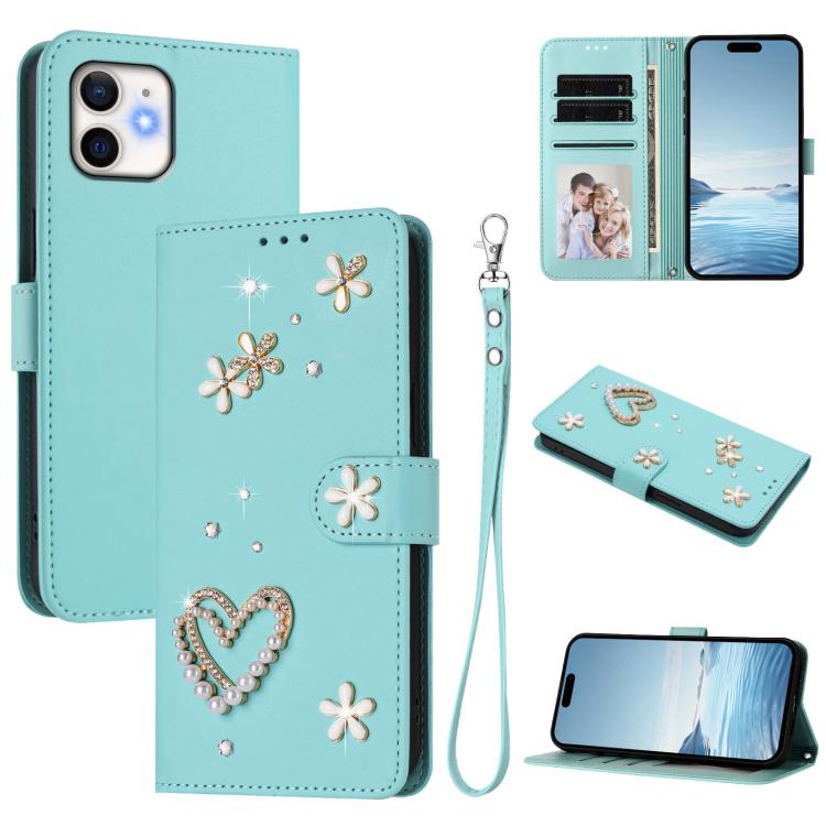 เคสโทรศัพท์หนังวีแกนสองชั้นลายหัวใจดอกไม้พร้อมสายคล้องข้อมือ ZS01, สำหรับ iPhone 13 Pro, สำหรับ iPhone 12 / 12 Pro, สำหรับ iPhone 12 Pro Max, สำหรับ iPhone 11 Pro Max, สำหรับ iPhone 11, สำหรับ iPhone 11 Pro