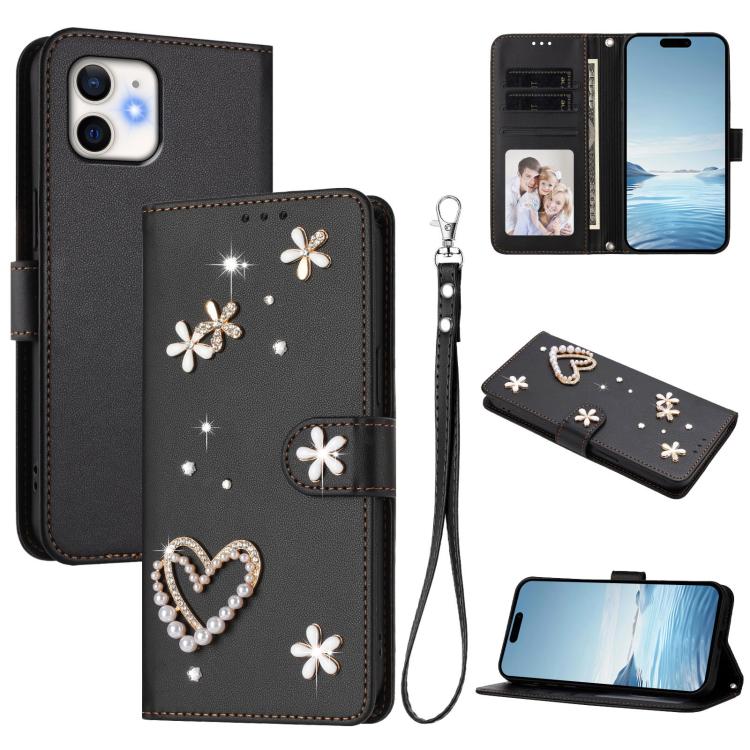 เคสโทรศัพท์หนังวีแกนสองชั้นลายหัวใจดอกไม้พร้อมสายคล้องข้อมือ ZS01, สำหรับ iPhone 13 Pro, สำหรับ iPhone 12 / 12 Pro, สำหรับ iPhone 12 Pro Max, สำหรับ iPhone 11 Pro Max, สำหรับ iPhone 11, สำหรับ iPhone 11 Pro