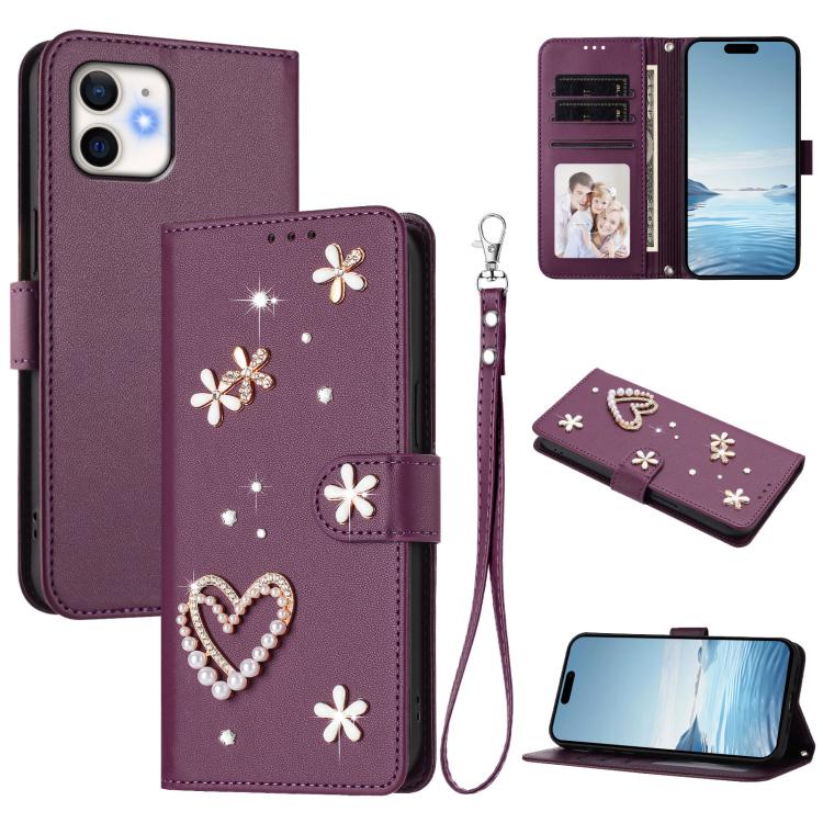 เคสโทรศัพท์หนังวีแกนสองชั้นลายหัวใจดอกไม้พร้อมสายคล้องข้อมือ ZS01, สำหรับ iPhone 13 Pro, สำหรับ iPhone 12 / 12 Pro, สำหรับ iPhone 12 Pro Max, สำหรับ iPhone 11 Pro Max, สำหรับ iPhone 11, สำหรับ iPhone 11 Pro