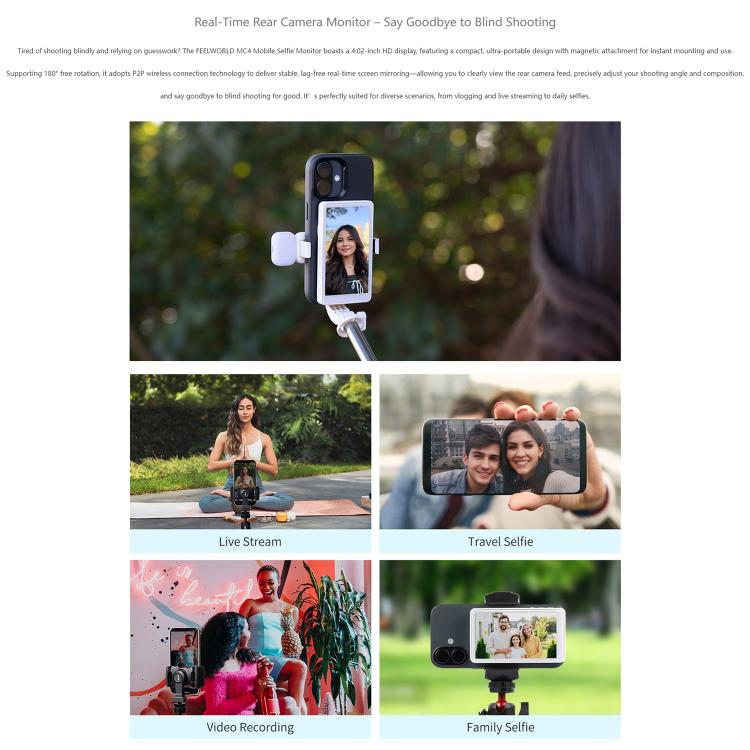 FEELWORLD MC4 จอแสดงผลเซลฟี่สำหรับถ่ายวิดีโอบล็อกและไลฟ์สตรีม เชื่อมต่อไร้สายด้วยแม่เหล็ก พร้อมรีโมทคอนโทรล
