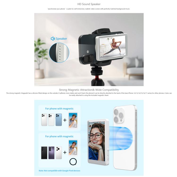 FEELWORLD MC4 จอแสดงผลเซลฟี่สำหรับถ่ายวิดีโอบล็อกและไลฟ์สตรีม เชื่อมต่อไร้สายด้วยแม่เหล็ก พร้อมรีโมทคอนโทรล