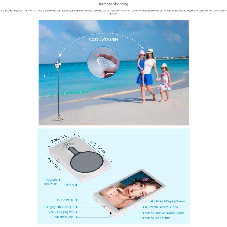 FEELWORLD MC4 จอแสดงผลเซลฟี่สำหรับถ่ายวิดีโอบล็อกและไลฟ์สตรีม เชื่อมต่อไร้สายด้วยแม่เหล็ก พร้อมรีโมทคอนโทรล