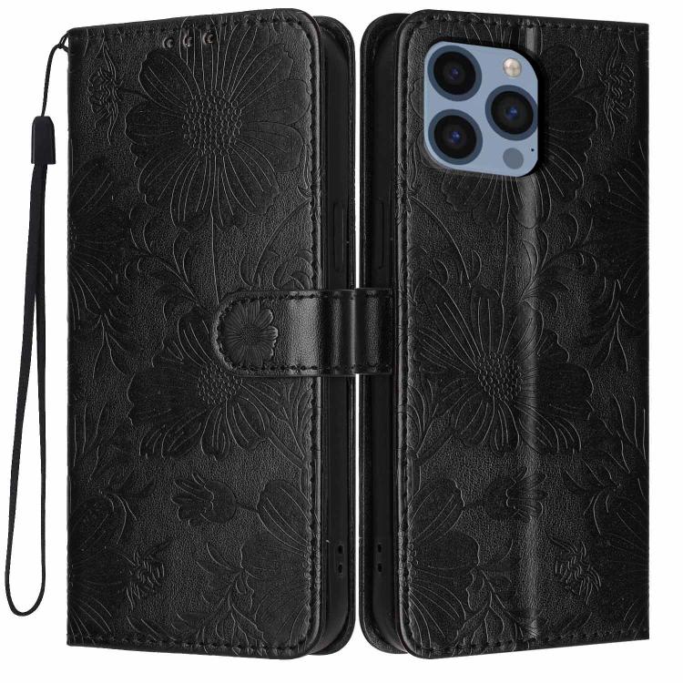 เคสโทรศัพท์หนังวีแกนปั๊มลายดอกทานตะวันพร้อมเชือกสีดำเล็ก สำหรับ iPhone 14 Pro Max, สำหรับ iPhone 13 Pro Max, สำหรับ iPhone 13 Pro, สำหรับ iPhone 13, สำหรับ iPhone 12 / 12 Pro, สำหรับ iPhone 12 Pro Max, สำหรับ iPhone 11 Pro Max, สำหรับ iPhone 11