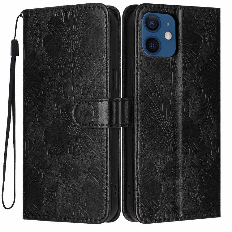 เคสโทรศัพท์หนังวีแกนปั๊มลายดอกทานตะวันพร้อมเชือกสีดำเล็ก สำหรับ iPhone 14 Pro Max, สำหรับ iPhone 13 Pro Max, สำหรับ iPhone 13 Pro, สำหรับ iPhone 13, สำหรับ iPhone 12 / 12 Pro, สำหรับ iPhone 12 Pro Max, สำหรับ iPhone 11 Pro Max, สำหรับ iPhone 11
