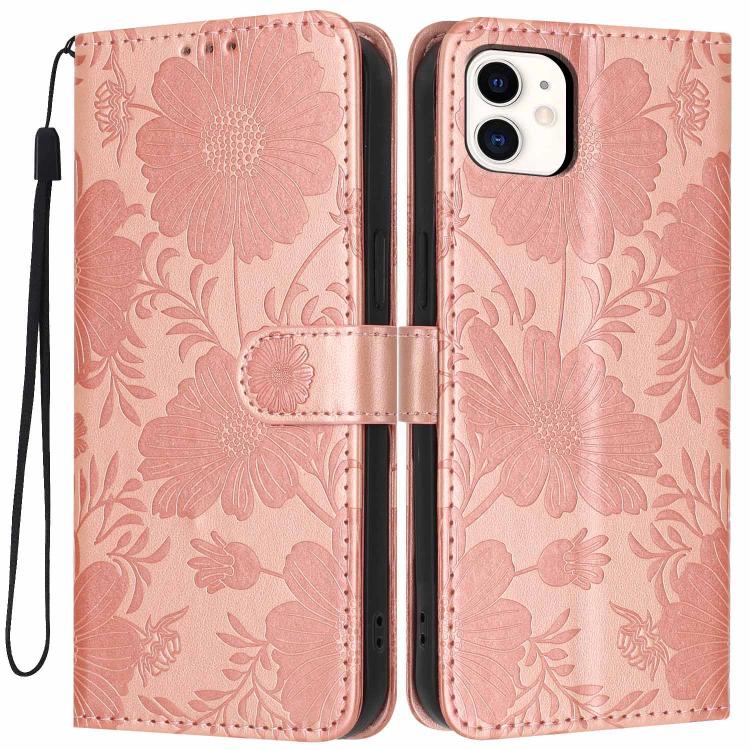 เคสโทรศัพท์หนังวีแกนปั๊มลายดอกทานตะวันพร้อมเชือกสีดำเล็ก สำหรับ iPhone 14 Pro Max, สำหรับ iPhone 13 Pro Max, สำหรับ iPhone 13 Pro, สำหรับ iPhone 13, สำหรับ iPhone 12 / 12 Pro, สำหรับ iPhone 12 Pro Max, สำหรับ iPhone 11 Pro Max, สำหรับ iPhone 11
