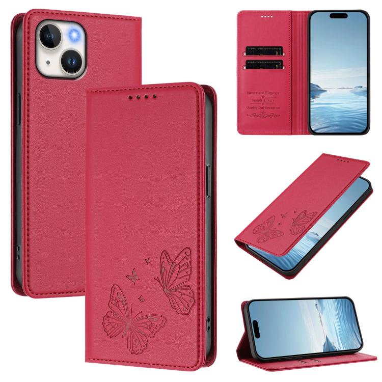 เคสโทรศัพท์หนังวีแกนแม่เหล็กคู่รูปผีเสื้อ RFID แข็งแรง สำหรับ iPhone 15, สำหรับ iPhone 14 Plus, สำหรับ iPhone 14 / 13, สำหรับ iPhone 14 Pro