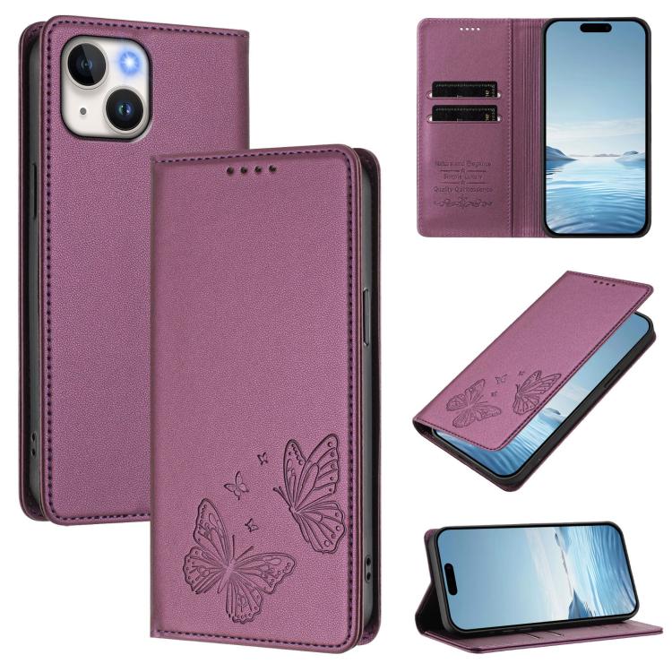 เคสโทรศัพท์หนังวีแกนแม่เหล็กคู่รูปผีเสื้อ RFID แข็งแรง สำหรับ iPhone 15, สำหรับ iPhone 14 Plus, สำหรับ iPhone 14 / 13, สำหรับ iPhone 14 Pro