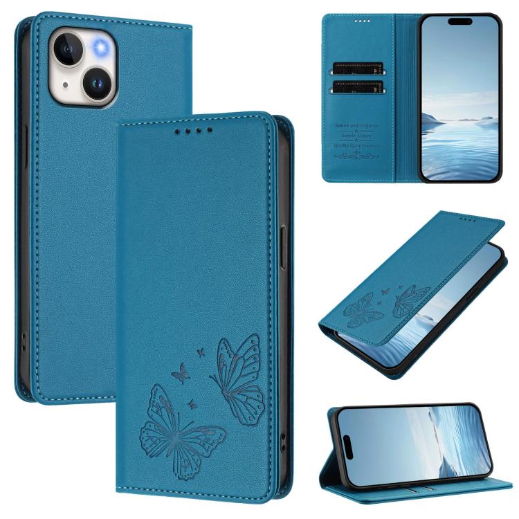 เคสโทรศัพท์หนังวีแกนแม่เหล็กคู่รูปผีเสื้อ RFID แข็งแรง สำหรับ iPhone 15, สำหรับ iPhone 14 Plus, สำหรับ iPhone 14 / 13, สำหรับ iPhone 14 Pro