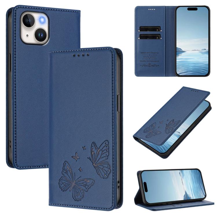 เคสโทรศัพท์หนังวีแกนแม่เหล็กคู่รูปผีเสื้อ RFID แข็งแรง สำหรับ iPhone 16, สำหรับ iPhone 15 Pro Max, สำหรับ iPhone 15 Pro, สำหรับ iPhone 15 Plus